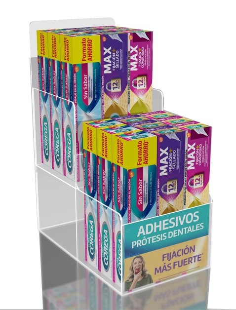 Exhibidor acrílico para adhesivos de prótesis dentales realizado por HZ